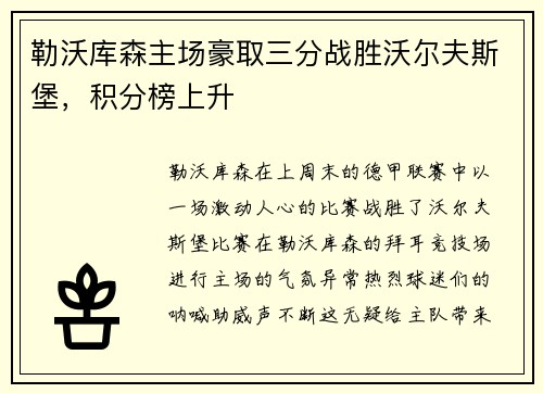 勒沃库森主场豪取三分战胜沃尔夫斯堡，积分榜上升